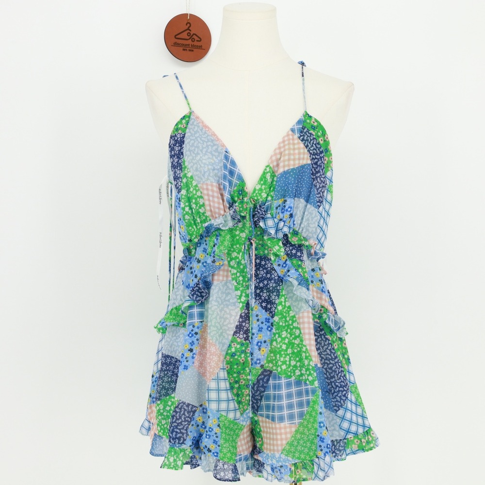 For Love & Lemons Juniper Patchwork Ruffle Romper Floral Gingham Small Boho